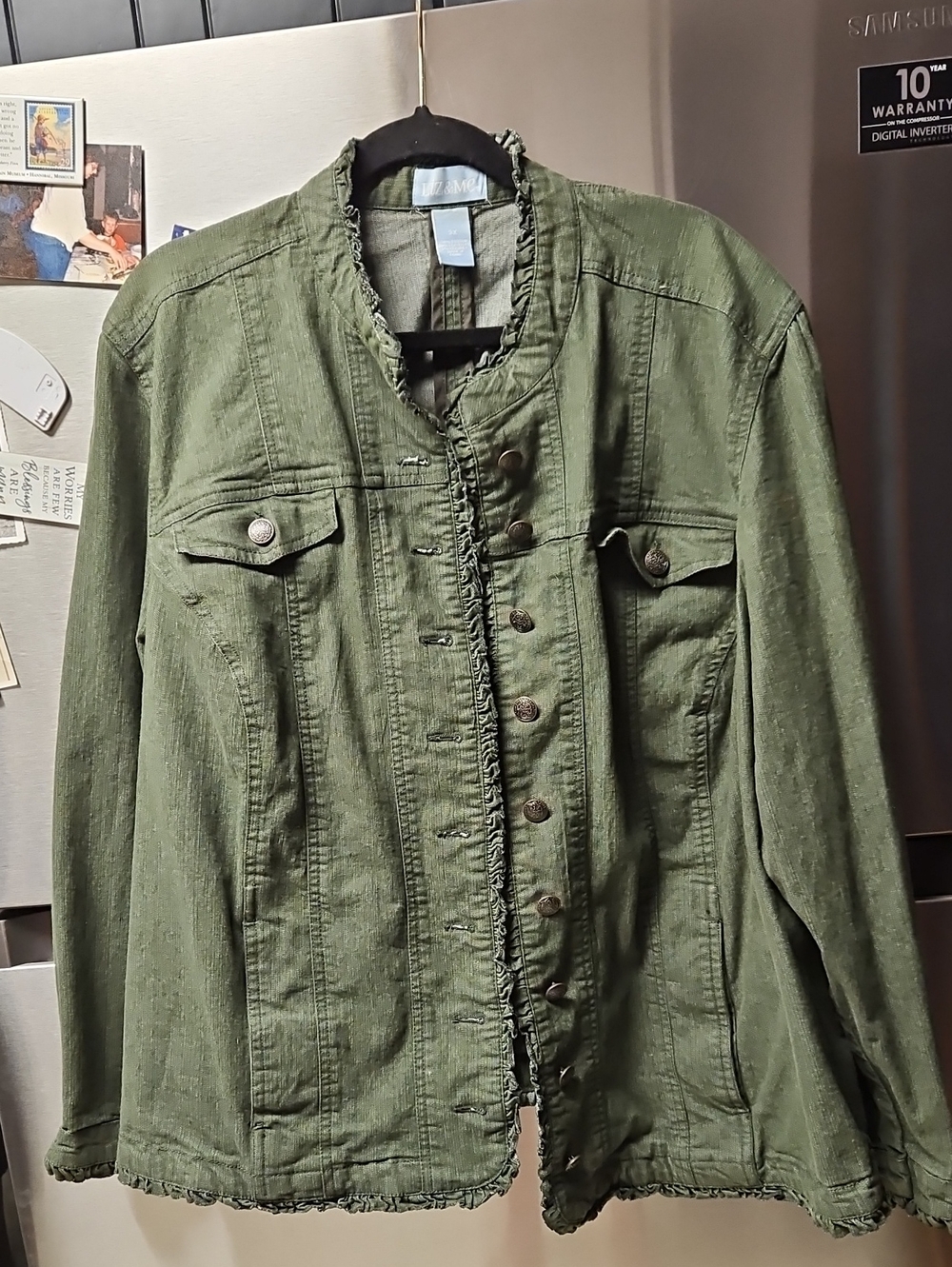 Liz & Me Olive Green Ruffle-Trim Jean Jacket